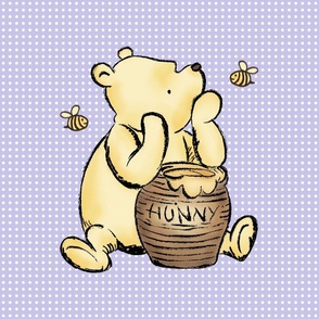 18x18 Panel Classic Pooh and Hunny Pot on Lavender Pale Purple Polkadots for DIY Throw Pillow Cushion Cover or Lovey
