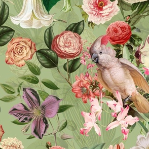 Cockatoos Tropical Paradise Vintage Botanical Illustration With Exotic Birds And Plants On Green