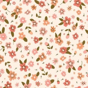 Ditsy Boho Retro Flowers {on Cream} 70s Small Bohemian Floral Mini Dollhouse Wallpaper