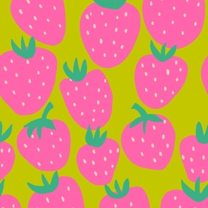 Summer Strawberry - hot pink strawberries on Cyber Lime Green / evening primrose - giant huge large scale jumbo size berry fabric wallpaper