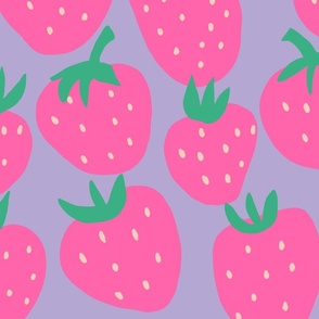 Summer Strawberry - hot pink strawberries on Digital Lavender  purple rose - giant huge large scale jumbo size berry fabric wallpaper pillow