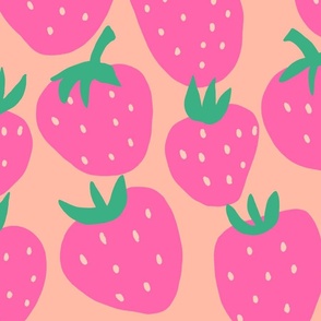 Summer Strawberry - hot pink strawberries on Mellow peach parfait - giant huge large scale jumbo size berry fabric wallpaper bedding