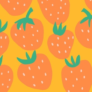 Summer Strawberry - tangerine orange strawberries on banana yellow - giant huge large scale jumbo size berry fabric wallpaper