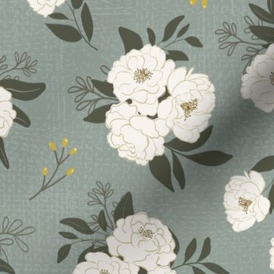 Peony Spring Blooms, White on Teal with gold buds 