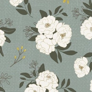 Peony Spring Blooms, White on Teal with gold buds 