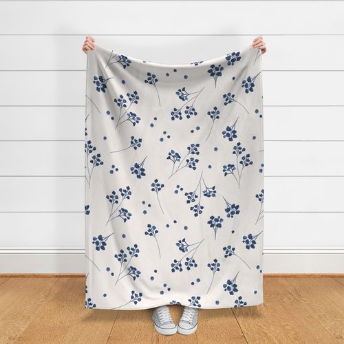 Large scale delicate  Navy Blue Flowers in off white - wallpaper