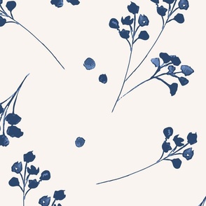 Large scale delicate  Navy Blue Flowers in off white - wallpaper