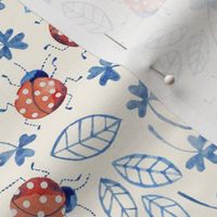 Watercolor Ladybugs & Four-leaf clover - Doodle Bugs | red & blue on cream | 12