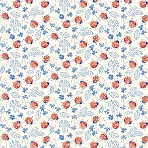 Watercolor Ladybugs & Four-leaf clover - Doodle Bugs | red & blue on cream | 12