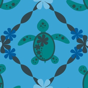 Light Blue Floral Turtles Color Variation- Big Print
