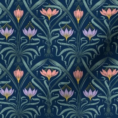 (S) Crocus Garden on Blue / Art Nouveau / SF Miniature Dollhouse Wallpaper DC / Blue Background/4x4in small tiny scale / see collections  