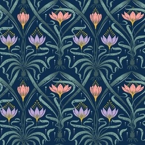 (S) Crocus Garden on Blue / Art Nouveau / SF Miniature Dollhouse Wallpaper DC / Blue Background/ small tiny scale / see collections 