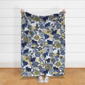 Midsummer Cats Extra Large- Cat and Flowers- Vintage Japanese Floral- Home Decor-Sunflower- Cat Wallpaper- White- Indigo Blue- Navy Blue- Gold- Yellow