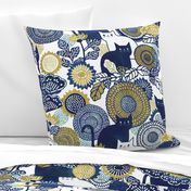 Midsummer Cats Extra Large- Cat and Flowers- Vintage Japanese Floral- Home Decor-Sunflower- Cat Wallpaper- White- Indigo Blue- Navy Blue- Gold- Yellow