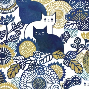 Midsummer Cats Extra Large- Cat and Flowers- Vintage Japanese Floral- Home Decor-Sunflower- Cat Wallpaper- White- Indigo Blue- Navy Blue- Gold- Yellow