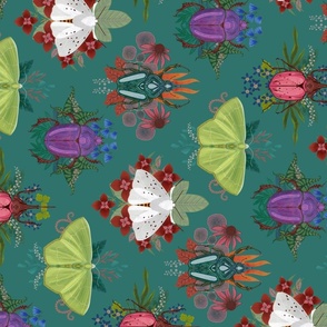 Moth and Beetle Repeat on Turquoise - railroaded