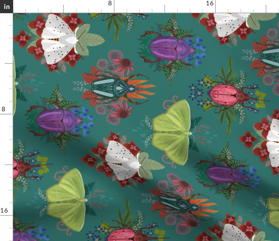 Moth and Beetle Repeat on Turquoise - railroaded