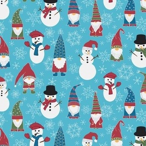 Christmas Gnomes and Snowmen on Blue