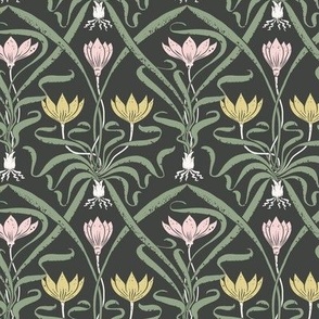 (small 4.5x4.5in) Crocus Garden on Pale Pink and Yellow on Green / Art Nouveau / Green Background/ small scale / see collections  