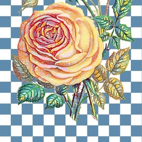 Yellow Rose on Checkerboard-Blue