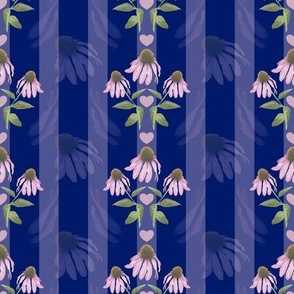 Summer Vintage Dark Moody Floral | Pink Daisy Fabric | Retro Botanical Garden | Purple Cone Flower Royal Blue Stripe