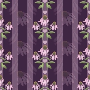 Modern Vintage Floral Stripe Flower Print | Purple Cone Flower | Pink Flowers and Hearts