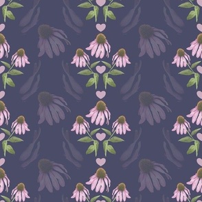 Vintage Retro Botanic Daisy Cone Flower | Traditional Pink and Purple Floral Print