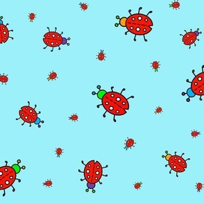 Colorful red ladybugs on light blue - regular scale print