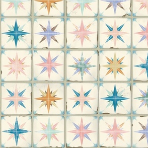 Mariners compass in pretty vintage hues on vintage imperfect 4 inch tiles 