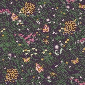 Medium Painterly Meadow Floor with Grass, Flowers and Butterflies  with Dark Purple Background