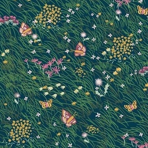 Medium Painterly Meadow Floor with Grass, Flowers and Butterflies  with Prussian Blue Background