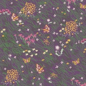 Medium Painterly Meadow Floor with Grass, Flowers and Butterflies  with Dusty Purple Background