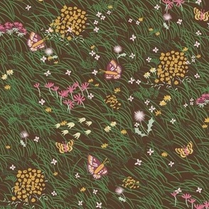 Medium Painterly Meadow Floor with Grass, Flowers and Butterflies  with Nut Brown Background
