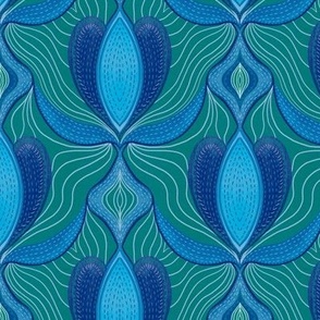 Art nouveau Flowing petals with Shashiko effect faux stitches in dependable blue and green hues 6”repeat