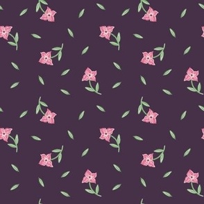 Medium Scattered Painterly Pink Flowers and Leaves with Dark Purple Background