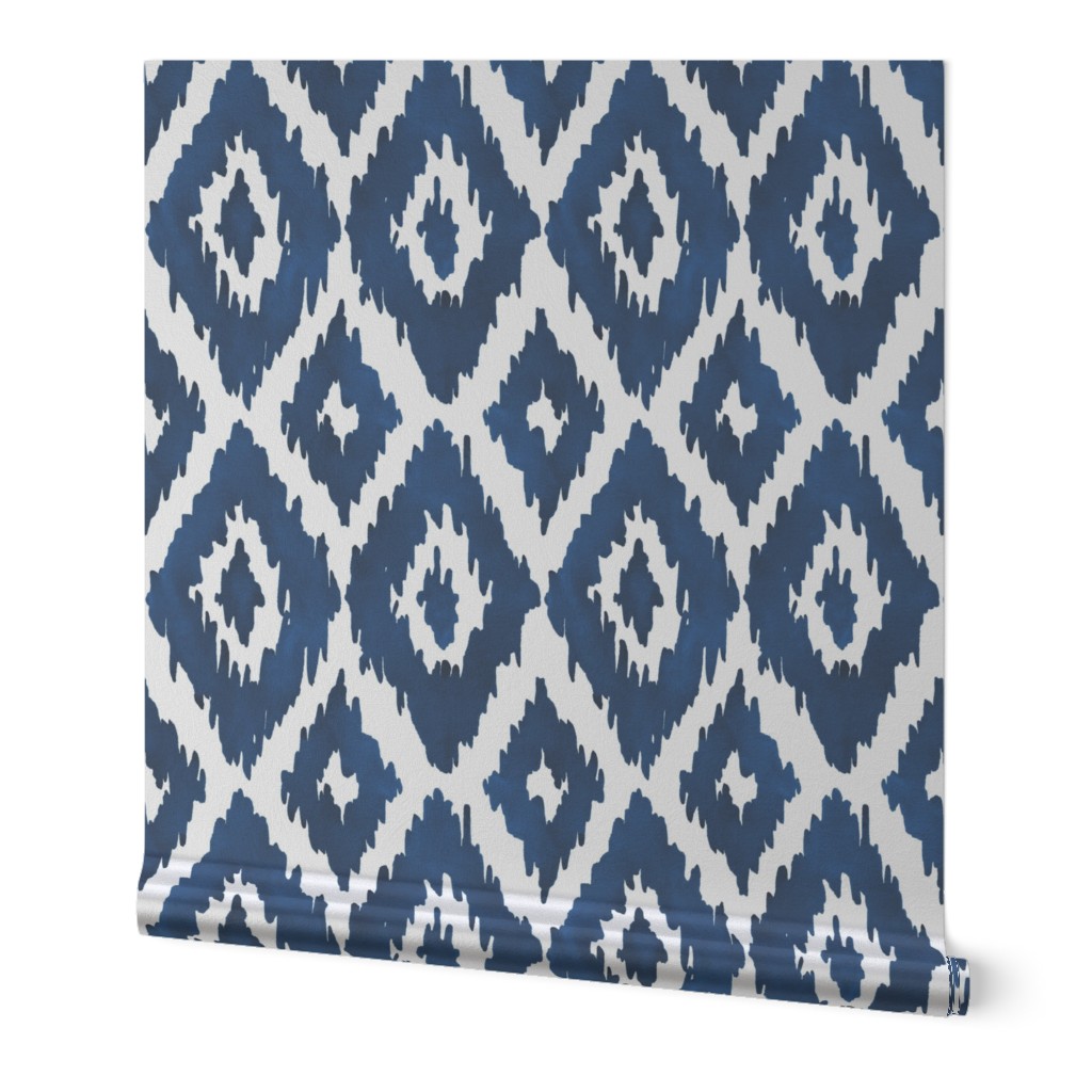 Large Hand Painted Watercolor Diamond Ikat in Navy Blue