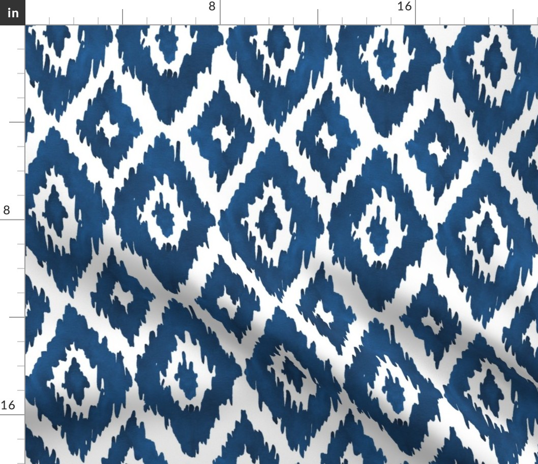 Large Hand Painted Watercolor Diamond Ikat in Navy Blue