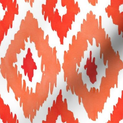 Large Watercolor Diamond Ikat in Fiery Red and Orange  with White Background