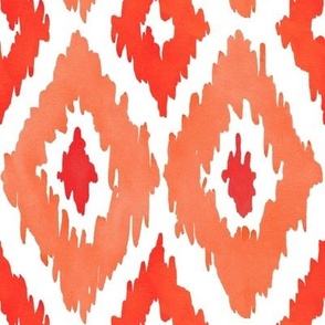 Large Watercolor Diamond Ikat in Fiery Red and Orange  with White Background