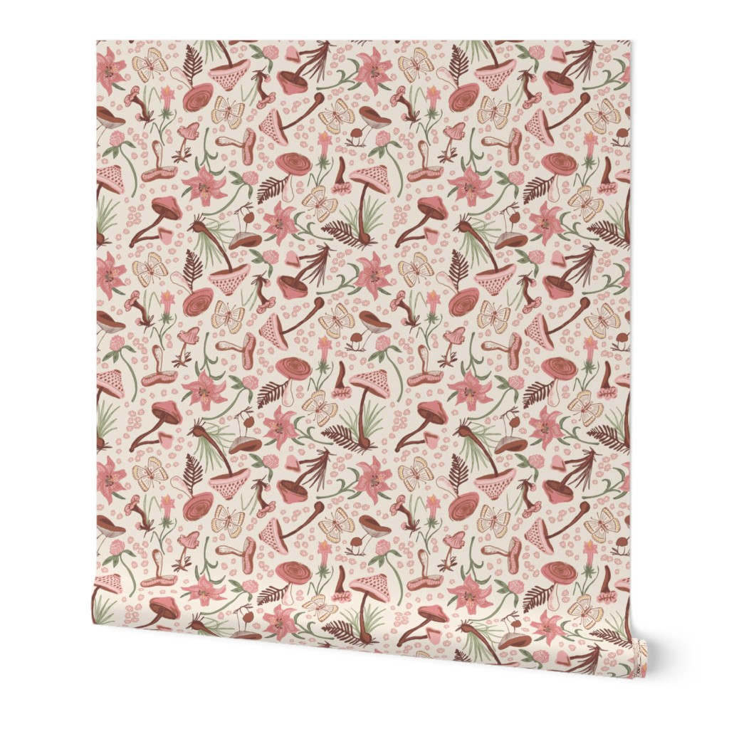 (S) Enchanted Mushroom Garden with flowers and butterfly - Pink Blush / ECRU
