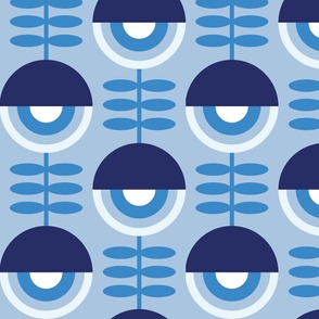 dark blue retro flowers on warm blue | large