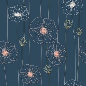 Poppy Flowers - Line Art - Navy , pink , yellow and white