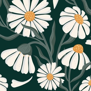 Dark Daisy Garden: Bold Floral Pattern with Deep Green Leaves Large scale