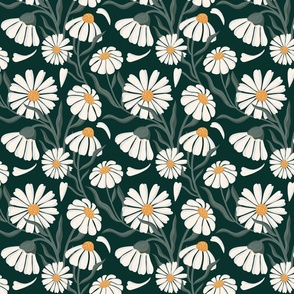 Dark Daisy Garden: Bold Floral Pattern with Deep Green Leaves Small scale