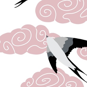 flying swallows / bird in a sky with clouds - pink on white - large scale