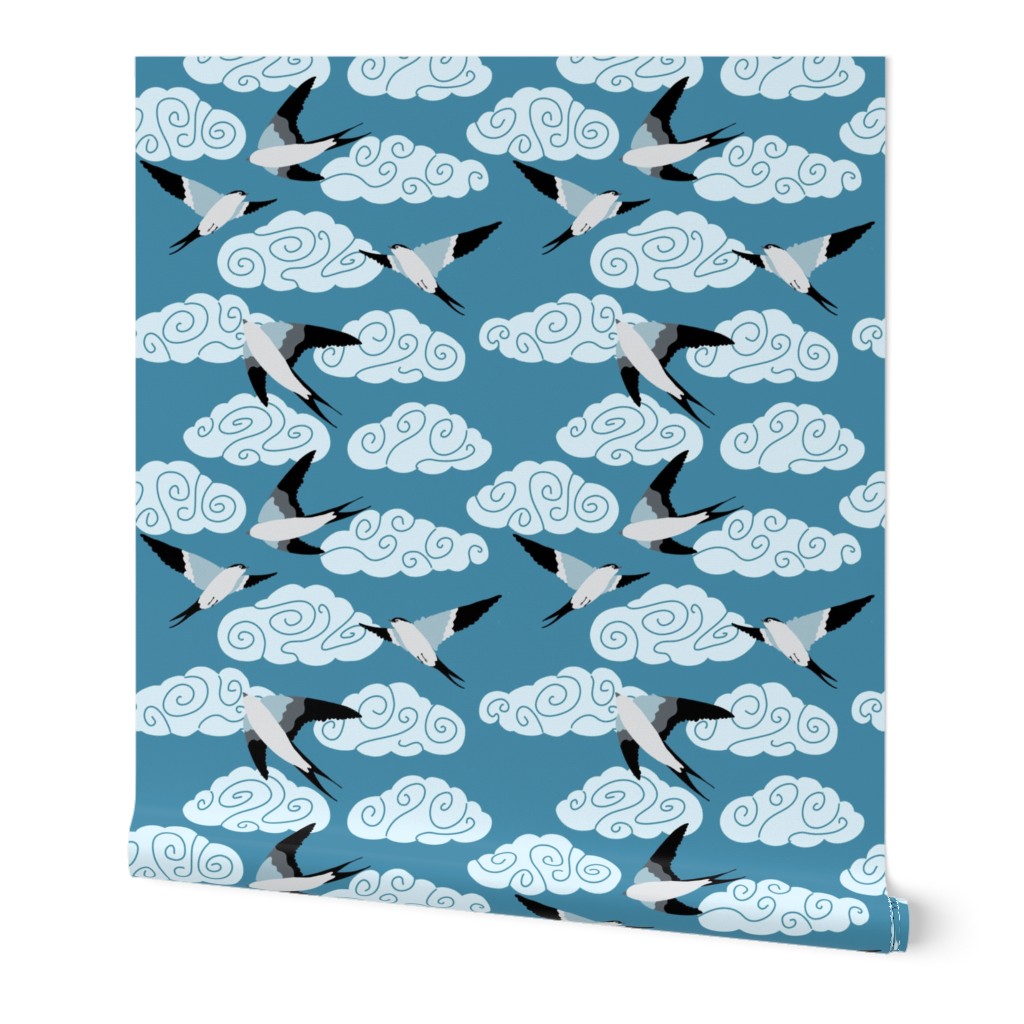 flying swallows / bird in a sky with clouds - cyan blue vibrant - medium scale