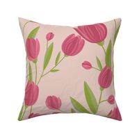 Pink Tulip Flower Pattern on Bright Green Background Large scale