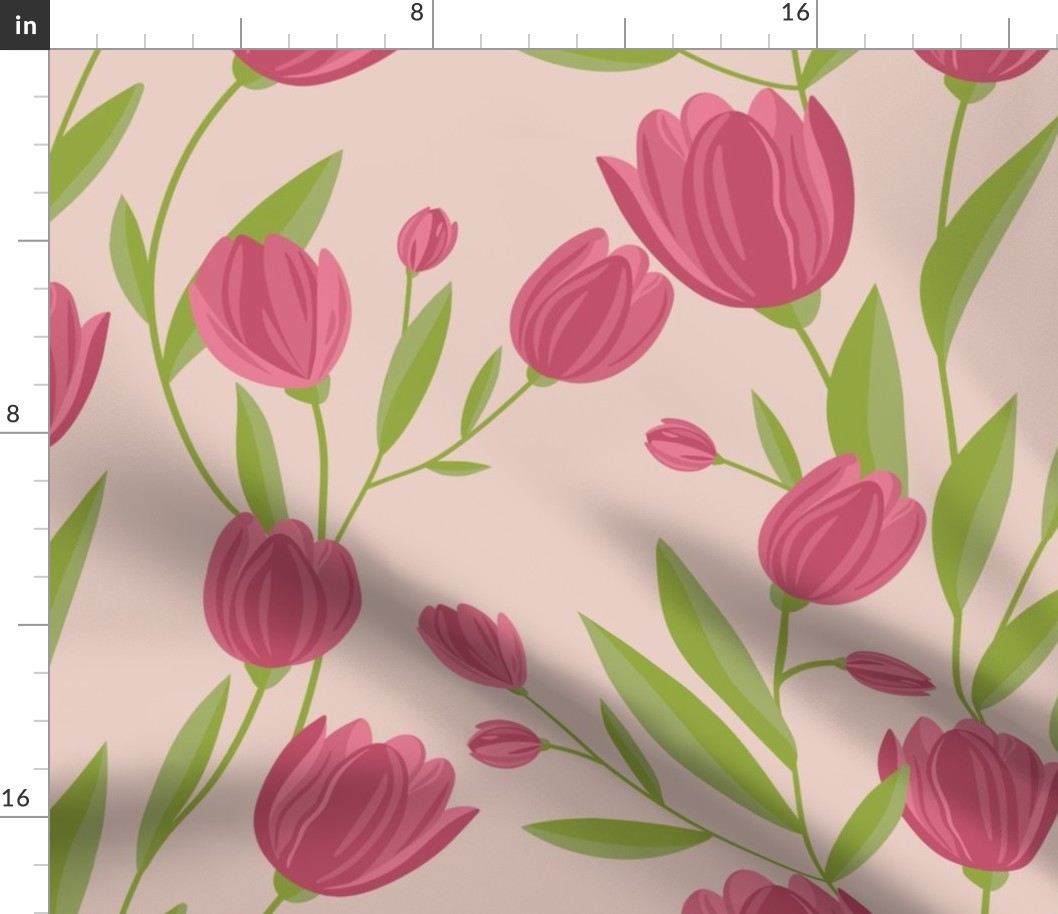 Pink Tulip Flower Pattern on Bright Green Background Large scale