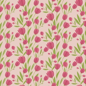 Pink Tulip Flower Pattern on Bright Green Background Small scale