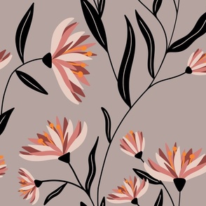 Pink Magnolia Floral Pattern with Black Leaves on Dusty Pink Background Larga scale